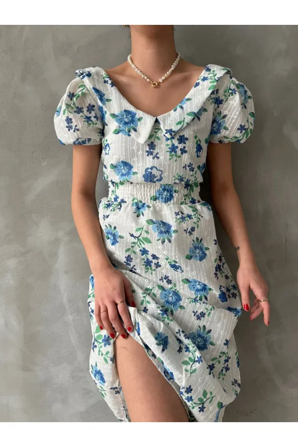 Topshow Mavi Brode Detaylı Desenli Toptan Elbise