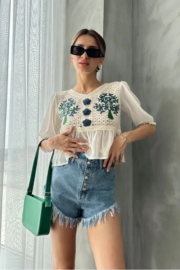 Topshow Stone Saxe Embroidered Wholesale Blouse