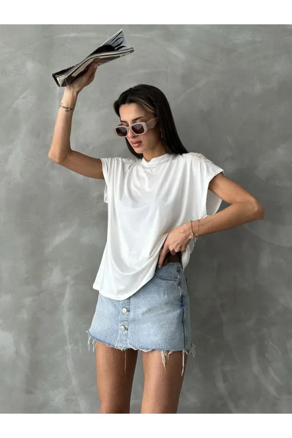 Topshow Krem Omuzu Dantelli Toptan T-Shirt