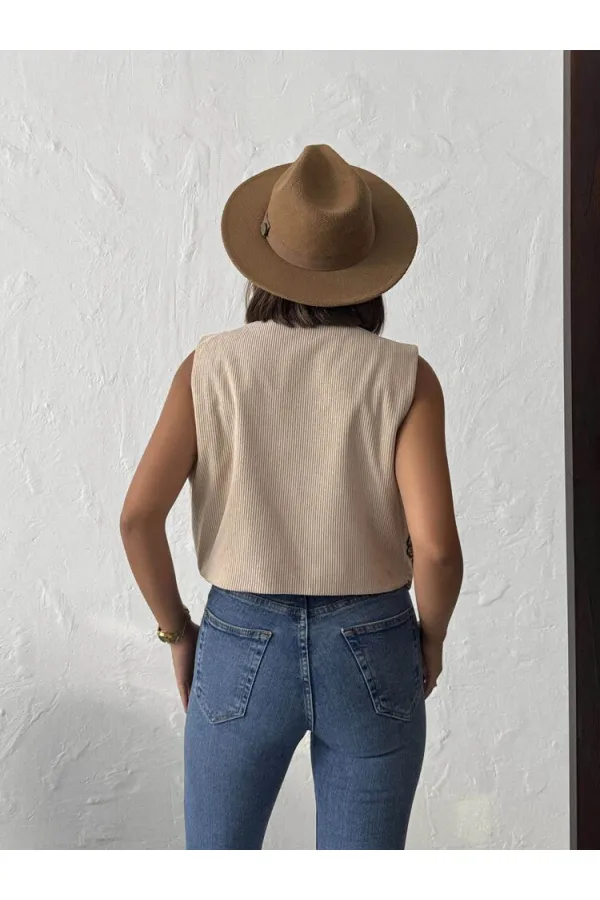 Topshow - Toptan Fitili Kadife Nakışlı Yelek - Taş