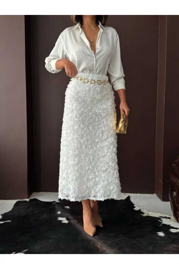 Topshow Gül Süzüneli Etek - Ekru | F2005