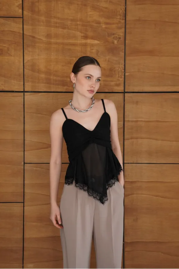 Strappy Lace Detail Tulle Wholesale Blouse - Black | D2979 - Topshow