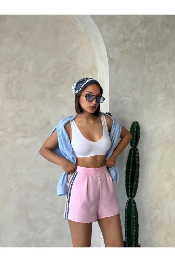 Kot Detaylı Şort - Pembe | Topshow