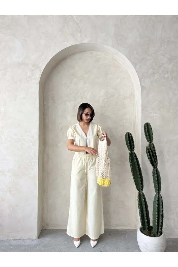 Striped Blouse with Guipure Detail - Yellow | Topshow