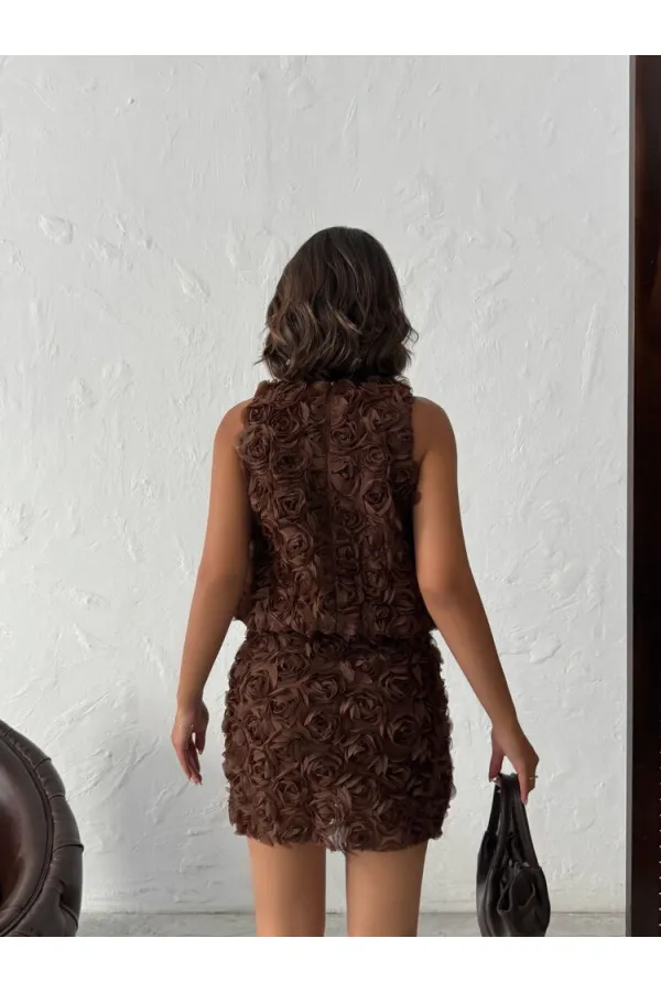 Topshow - Toptan Gül Desenli Tül Etek - Kahve