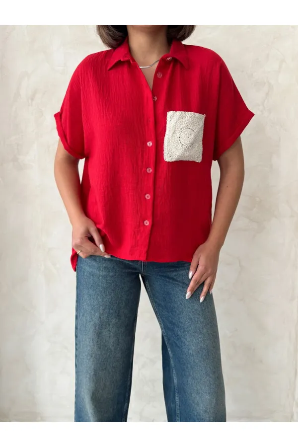 Topshow Kırmızı Keten Ham Cep Aplik Cepli Keten Toptan Gömlek