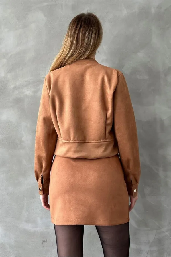 Suede Crop Wholesale Jacket - Tan | TOPSHOW | F1551