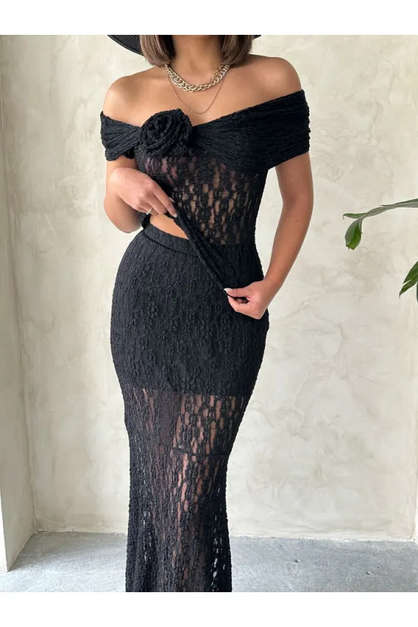 Gül Detaylı Dantel Toptan Abiye Bluz- Siyah | TOPSHOW