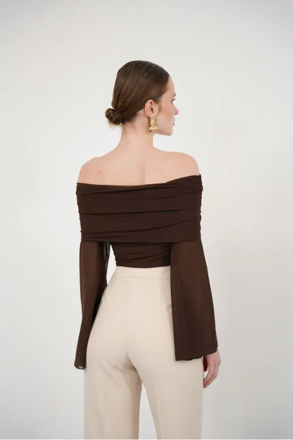 Blouse en tulle à manches longues en gros - Café | D2977 - Topshow