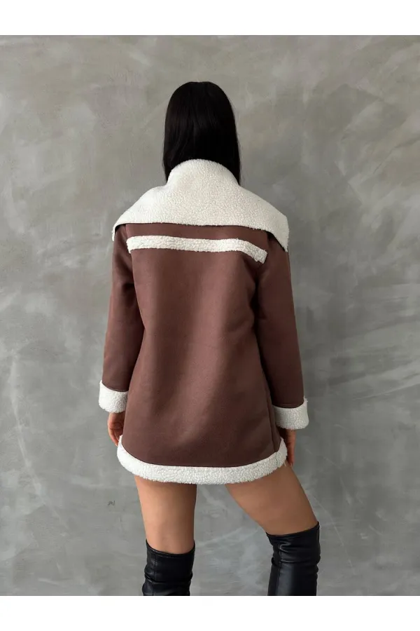 Manteau en cuir à fermeture éclair et col en fourrure (vente en gros) - Beige crème | TOPSHOW | F1534
