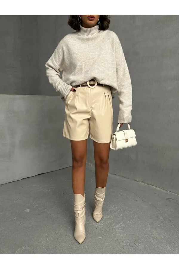 Belted Leather Wholesale Shorts - Stone | TOPSHOW | F1497