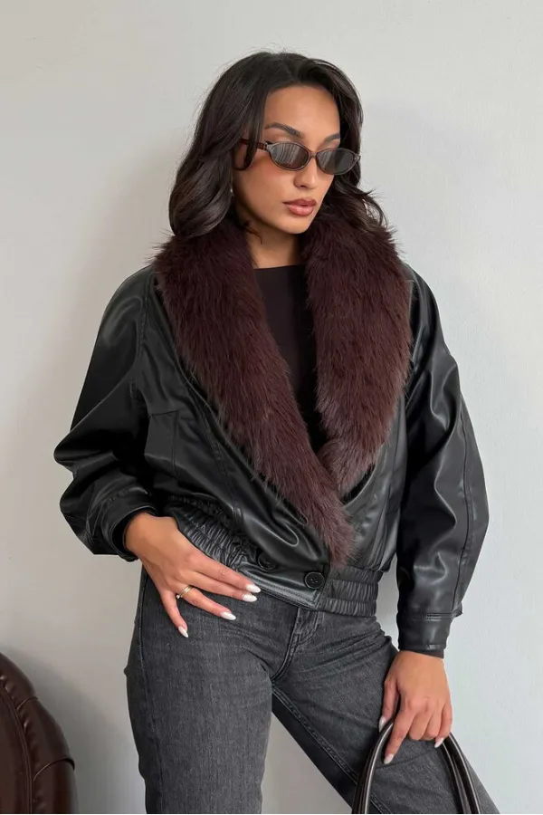 Topshow Fur-Collared Double-Breasted Leather Jacket - Black | F2050