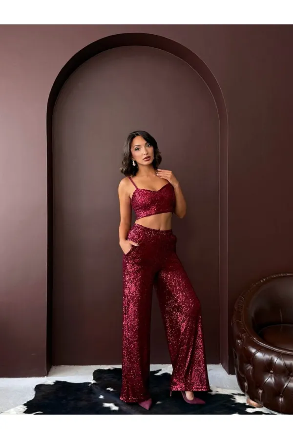 Topshow - Wholesale Sequined Wide Leg Women's Trousers - Elegant Night Outfit - Burgundy