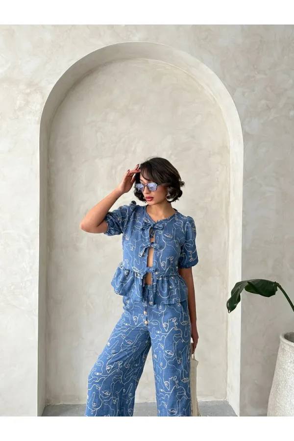 Önden Bağlamalı Nakışlı Toptan Bluz - Koyu Mavi | Topshow