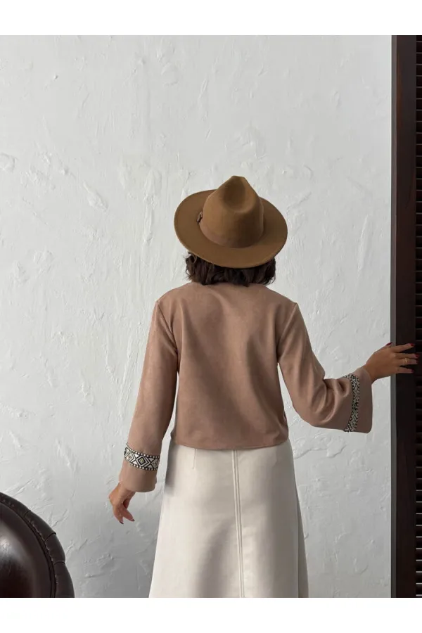 Topshow Şerit Detaylı Scuba Süet Fermuarlı Ceket - VİZON | F1971