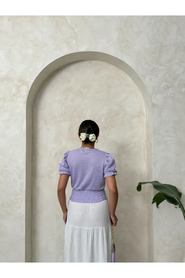 Topshow Lila Beli Gipeli Pitikareli Toptan Bluz