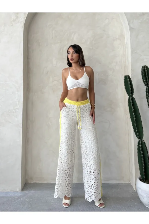 Kot Detaylı Dantel Pantolon - Sarı | Topshow | F1759