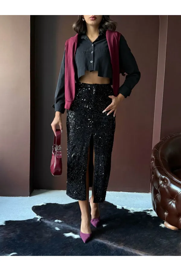 Jupe longue en velours à paillettes F 2053 - Noir