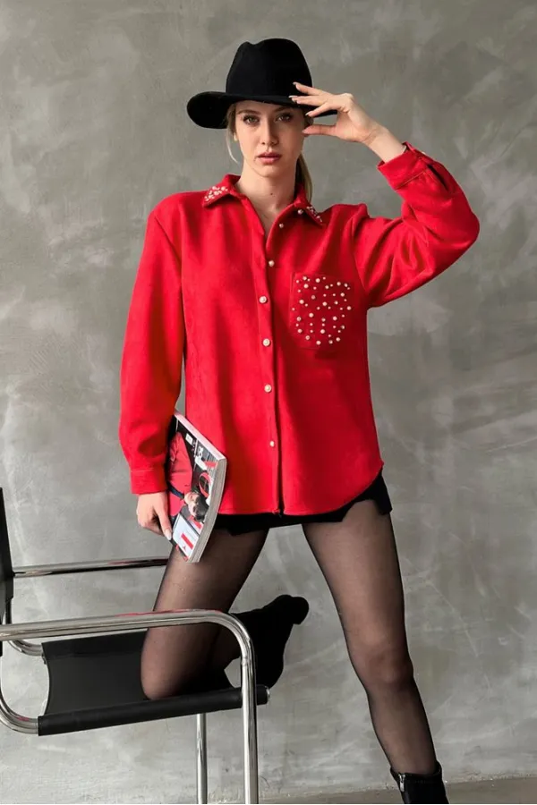 Wholesale Shirt with Tassel Pocket - Red | TOPSHOW | F1617