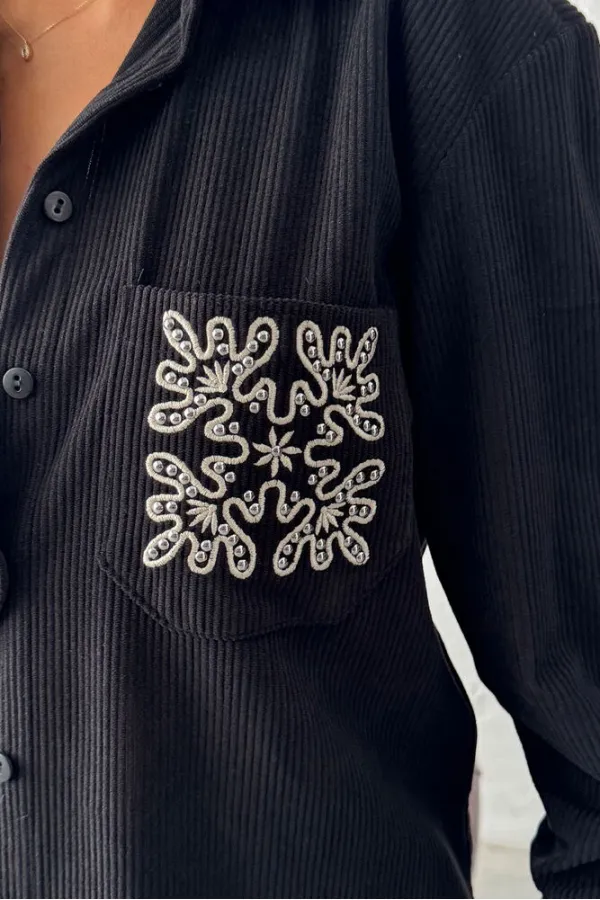 Topshow - Wholesale Embroidered Corduroy Shirt with Pocket - Black