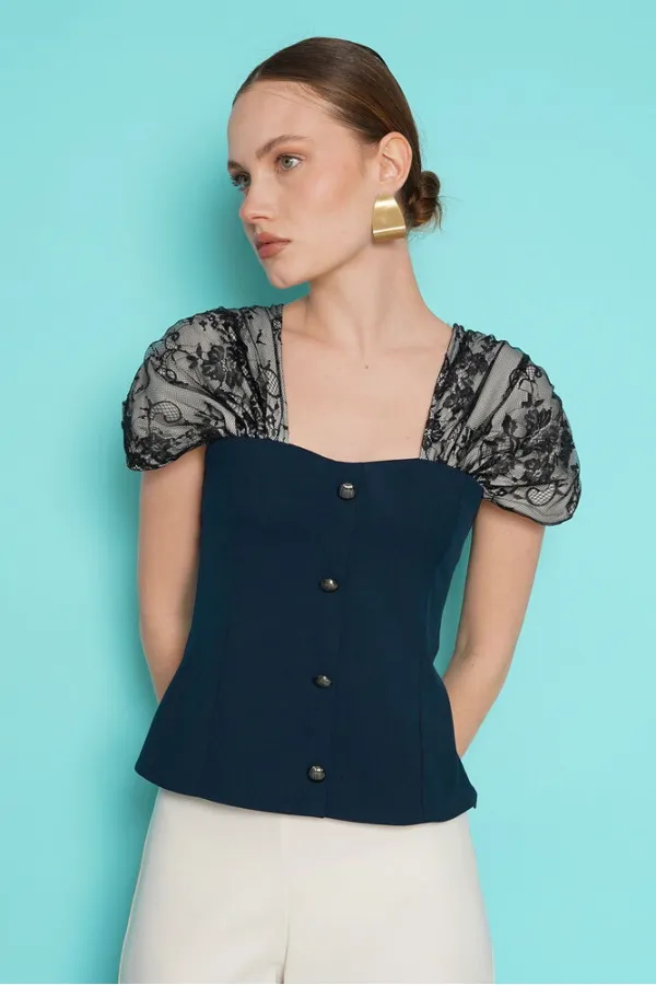 Boat Neck Blouse with Lace Detail on Shoulder - Navy Blue | D2994 - Topshow