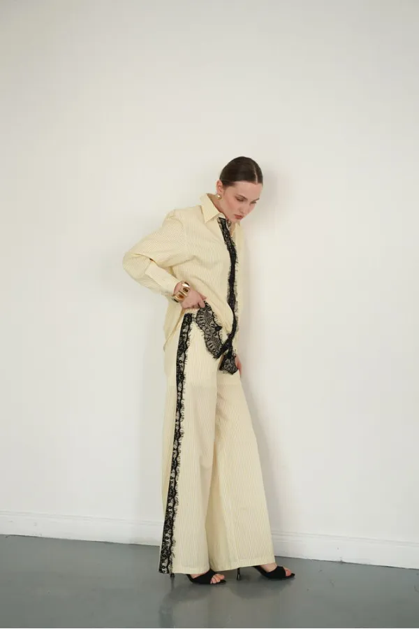 Lace Detail Striped Wholesale Trousers - Yellow | F2083 - Topshow