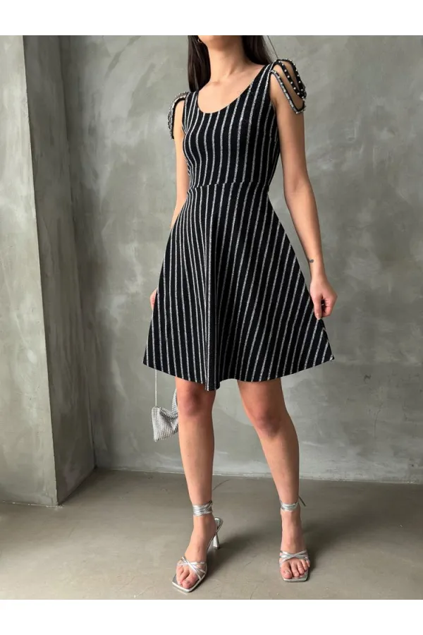 Topshow Black Silver Striped Sleeveless Wholesale Dress