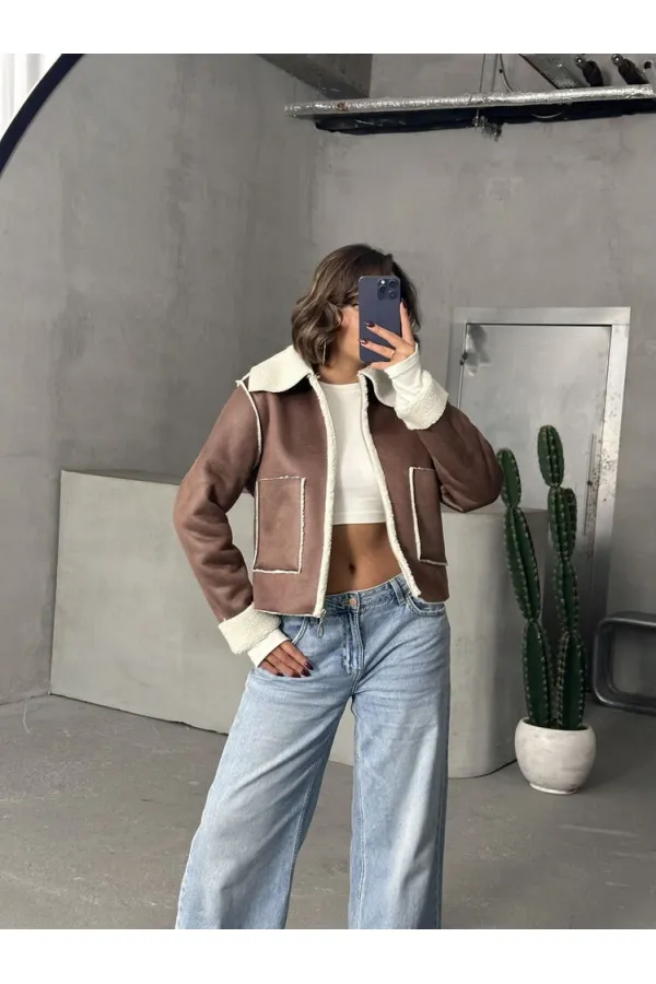 Süet Peluş Toptan Mont - Taba Krem | TOPSHOW | F1856