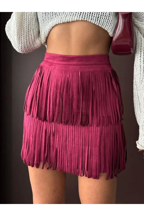 Topshow Tasseled Scuba Suede Skirt - Burgundy | F2030