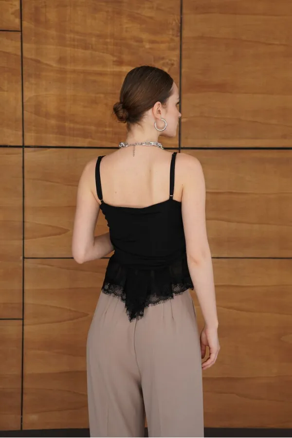 Strappy Lace Detail Tulle Wholesale Blouse - Black | D2979 - Topshow