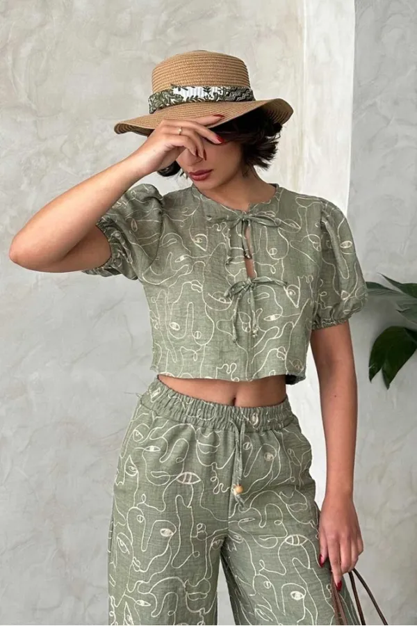 Nakışlı Önden Baglamalı Toptan Bluz - Açık Haki | Topshow