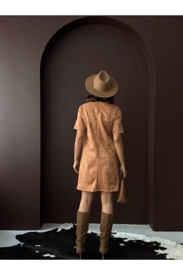 Topshow Drop Suede Wholesale Dress - Tan | F2039