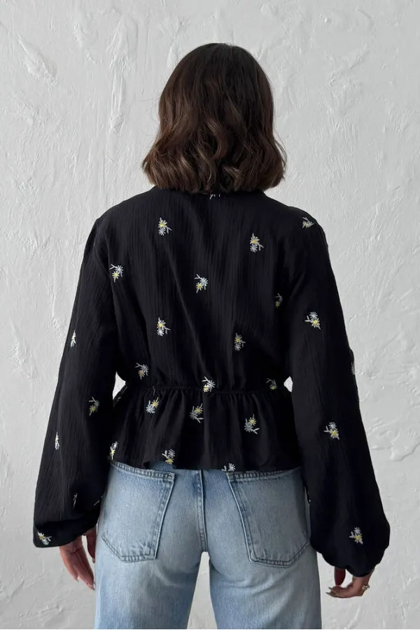 Topshow Nakış Detaylı Bağlamalı Toptan Bluz - Siyah | F1992