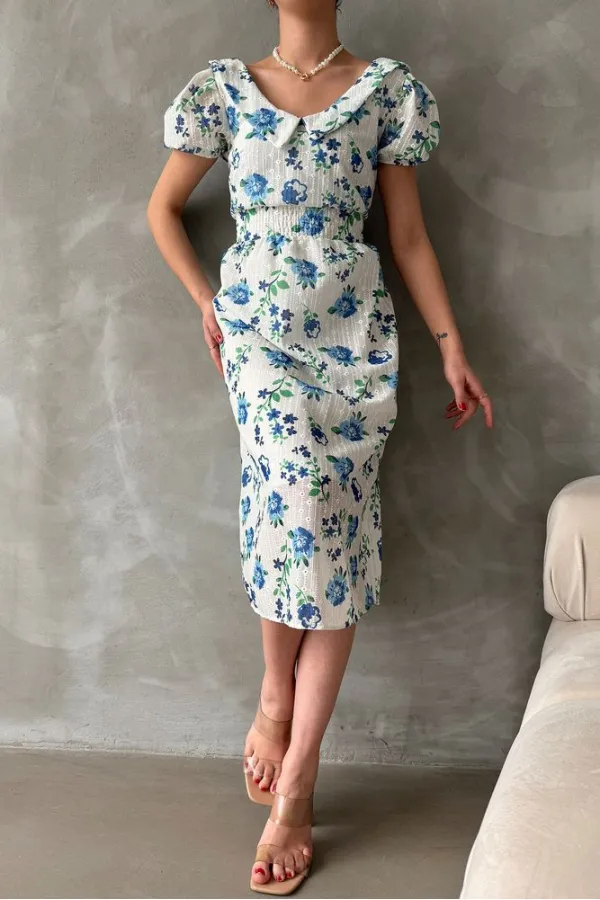 Topshow Mavi Brode Detaylı Desenli Toptan Elbise