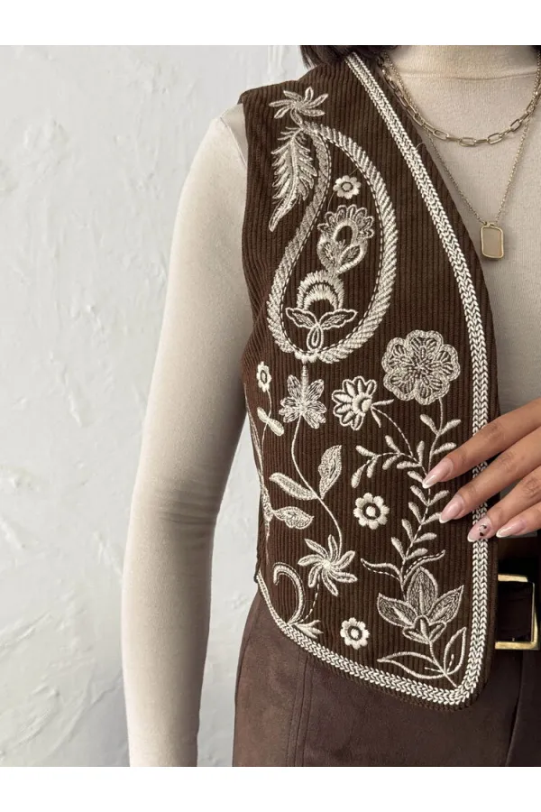 Topshow - Gilet en velours brodé en gros - Marron