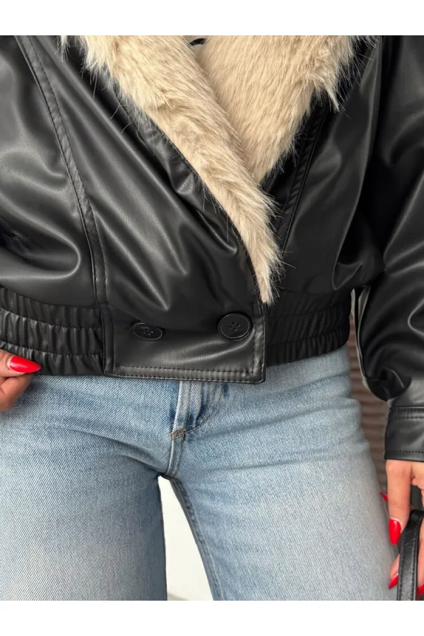 Topshow | Yakası Kürklü Kruvaze Deri Mont - Siyah Taş | F2050