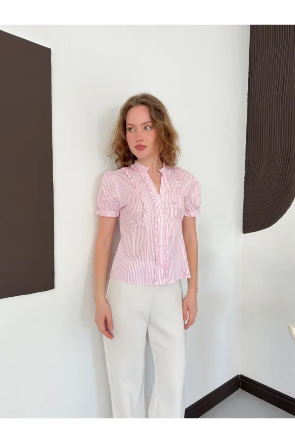 D 3021 STRIPED RUFFLED SHIRT - PINK D 3021 STRIPED RUFFLED SHIRT - PINK
