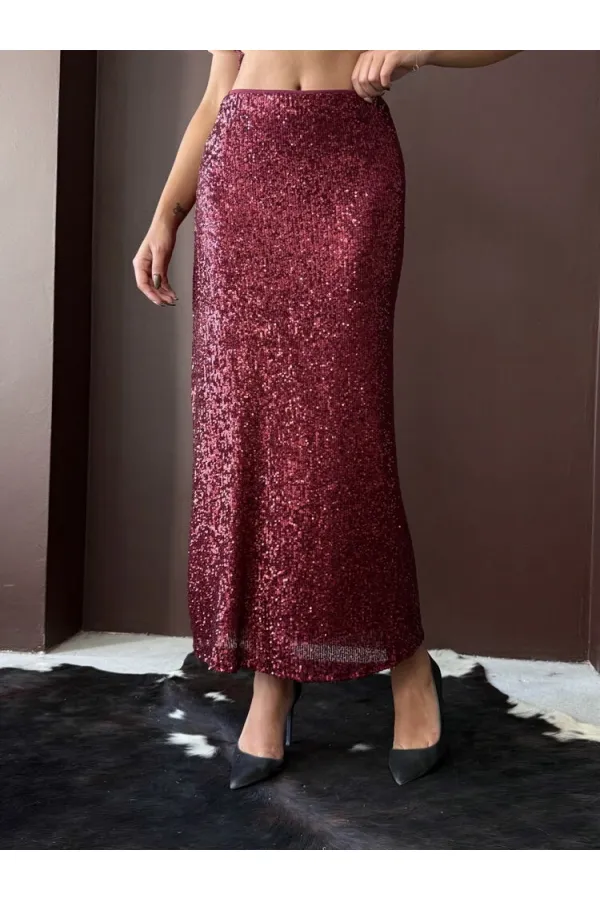 Topshow Bordo Payetli Uzun Etek - Yüksek Bel, Şık Gece Elbisesi Kombini