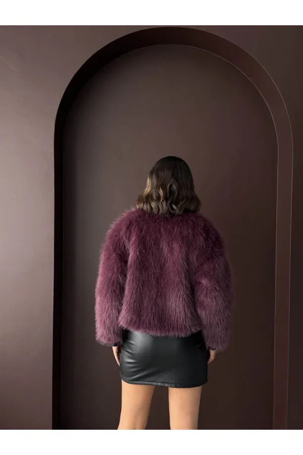 Topshow - Toptan Kürk Detaylı Mürdüm Kısa Ceket