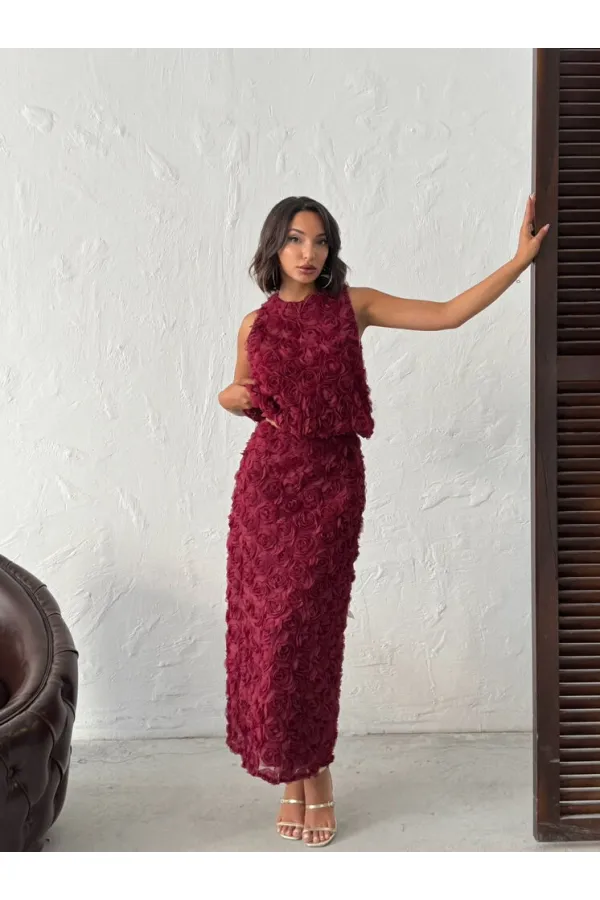 Topshow - Toptan Gül Süzüneli Kolsuz Bluz - Bordo