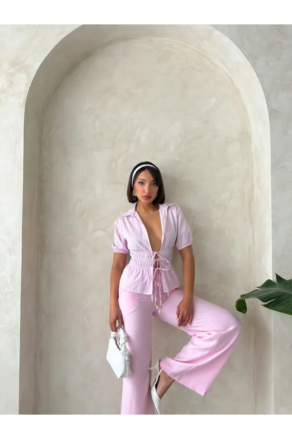 Önden Bağlamalı Çizgili Gömlek - Pembe Topshow