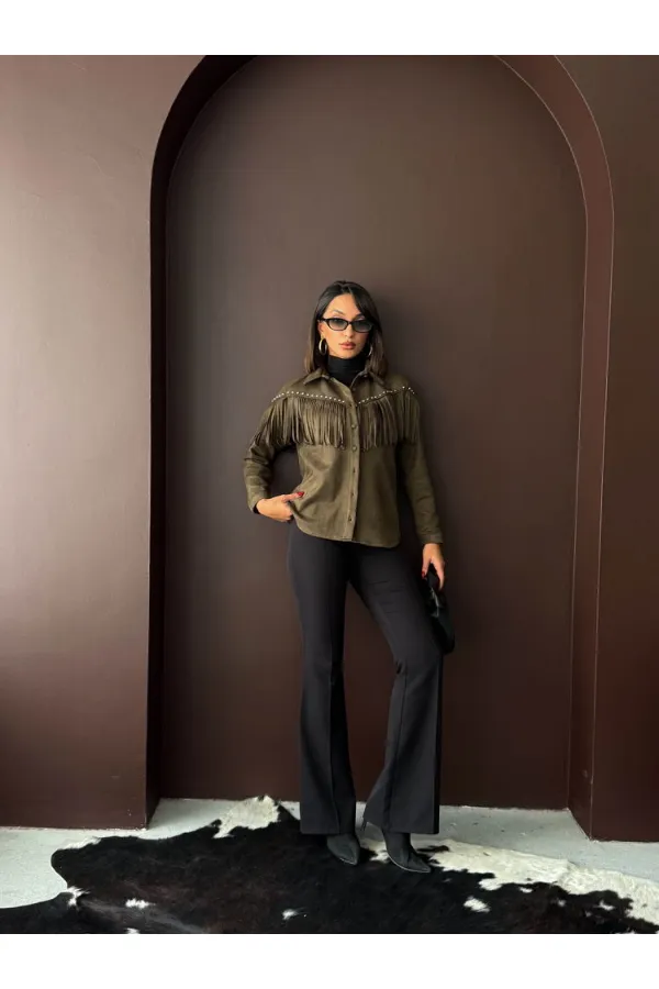 Topshow Püsküllü Droplı Scuba Süet Toptan Gömlek - Haki | F2029