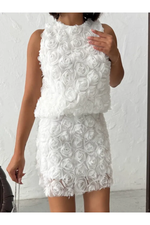 Topshow Cream Rose Patterned Tulle Wholesale Skirt