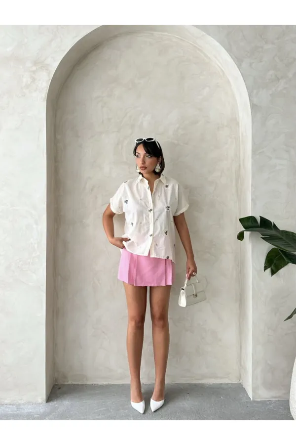 Kemer Detaylı Şort Toptan Etek - Pembe | Topshow