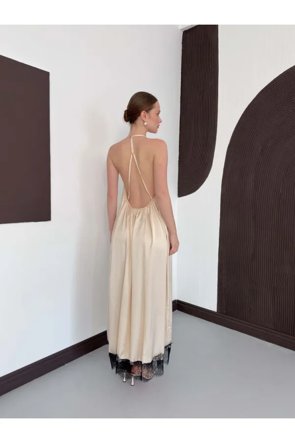 D 3022 DANTEL DETAYLI SATEN ELBİSE - TAŞ