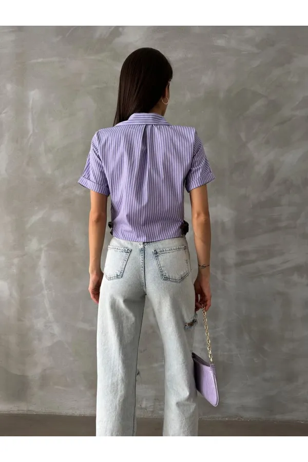 Topshow Lilac Striped Belt Detailed Striped Wholesale Shirt