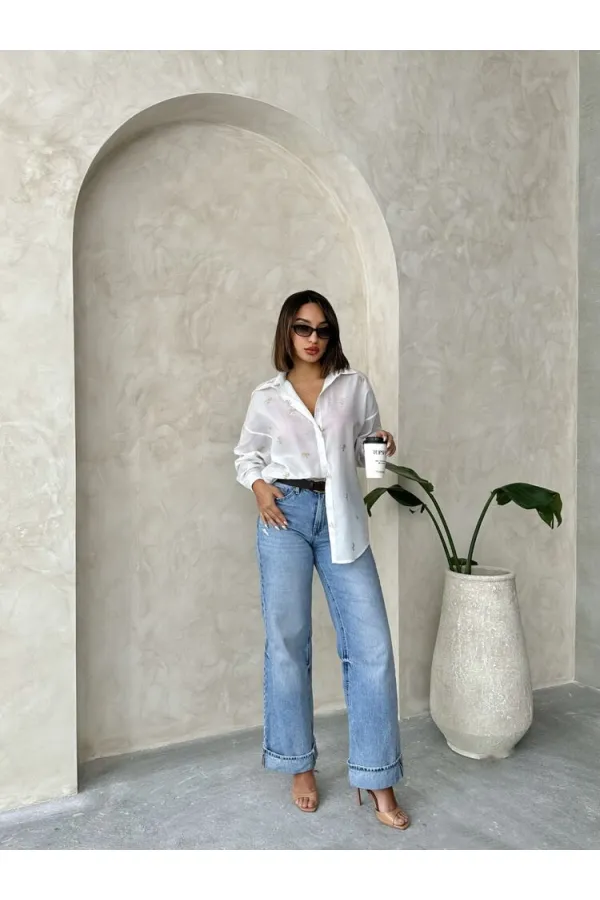 Nakışlı Vual Toptan Gömlek - Taş | TOPSHOW | F1876