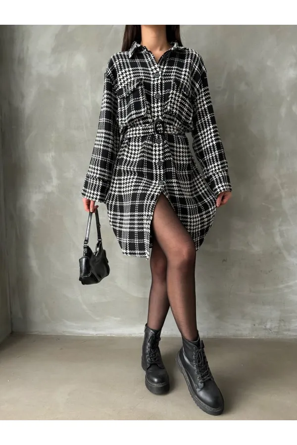 Kazayağı Ekose Toptan Elbise - Siyah Ekose Kazayağı | TOPSHOW | F1118