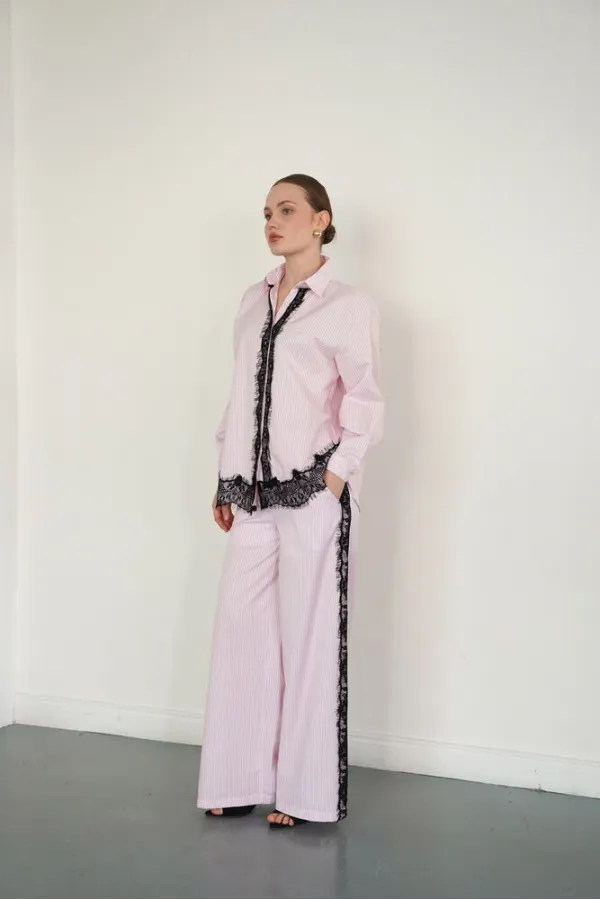 Lace Detail Striped Wholesale Trousers - Pink | F2083 - Topshow