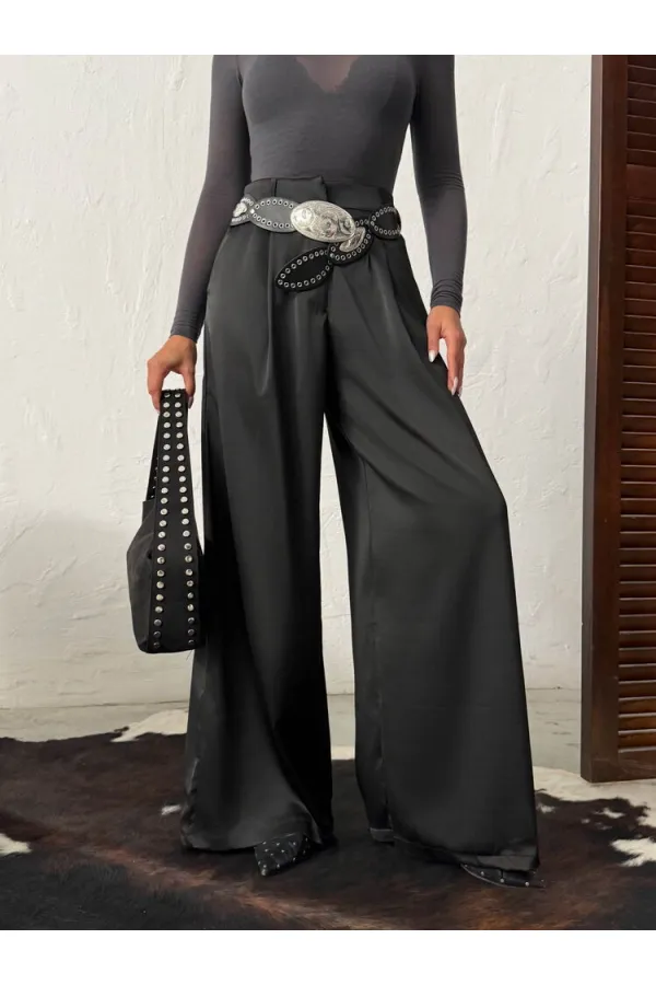Yüksek Bel Bol Paça Saten Pantolon – Şık Ve Rahat Tasarım - Siyah | F2052